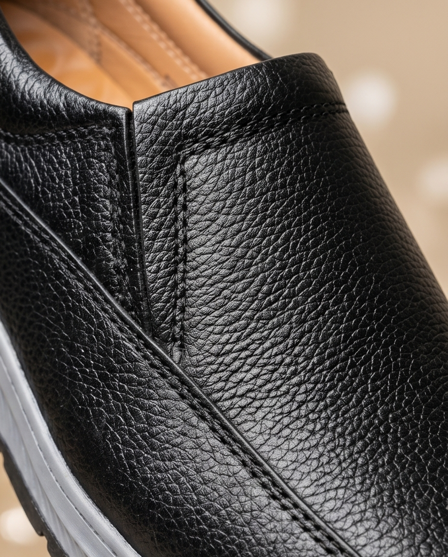 Close-up of a brown leather shoe with a GREY sole.
