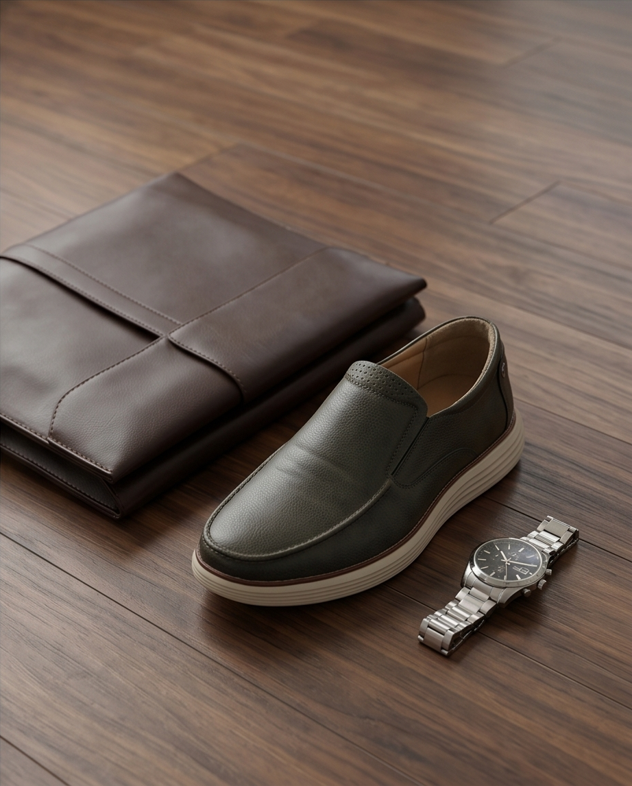 Green imported leather shoe, brown leather jacket, and silver watch on a wooden surface