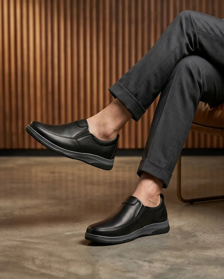 Stylish black slip-on men's casual shoes with comfortable sole, perfect for everyday wear and office use.