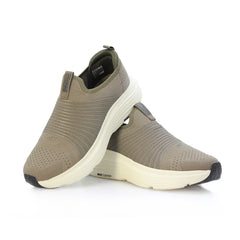 Stylish olive slip-on sneakers with MAX CUSHION comfort, perfect for casual wear