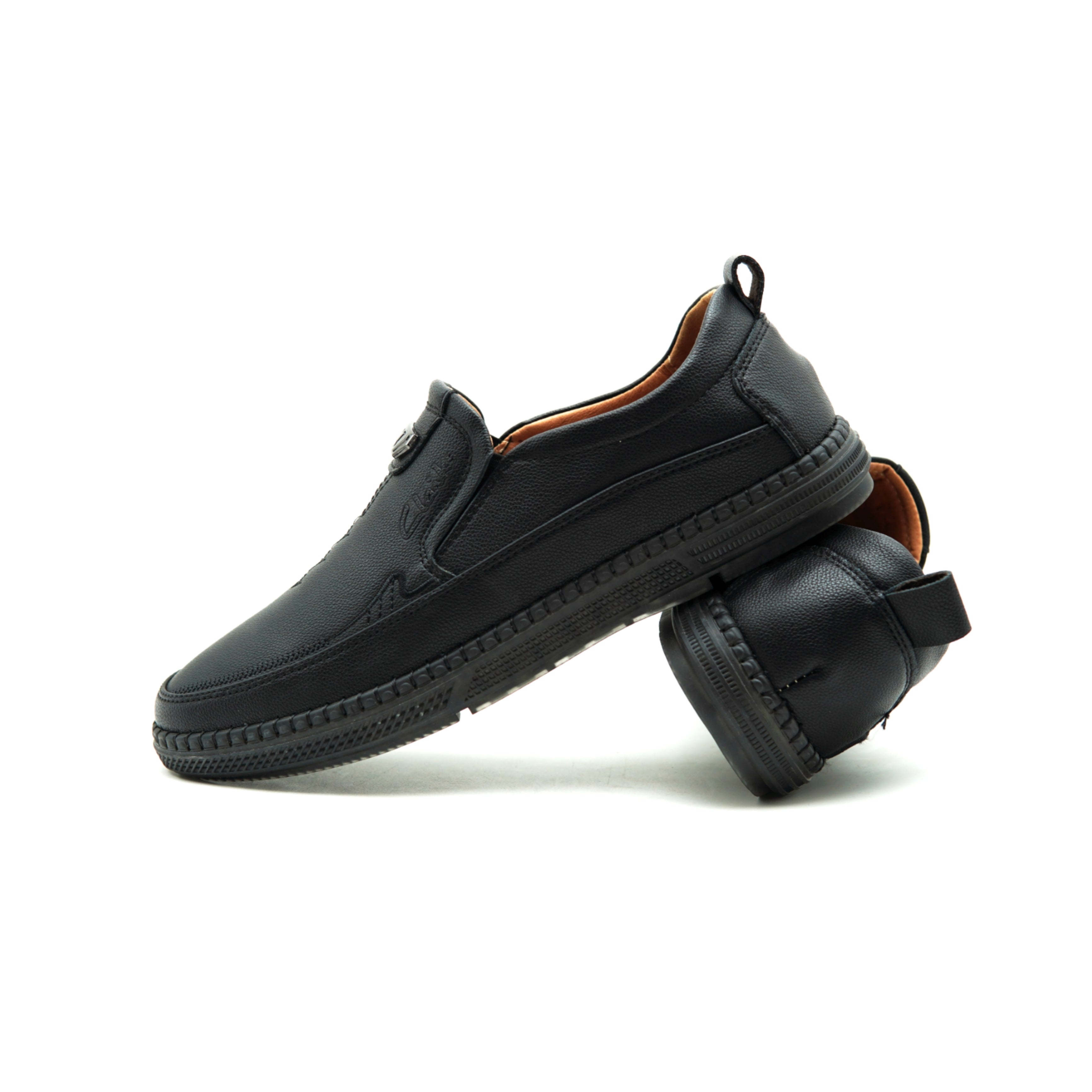 Clarks 109-7 Men's Black Shoes with imported artificial leather and a jelly sole, offering both style and comfort for all-day wear.