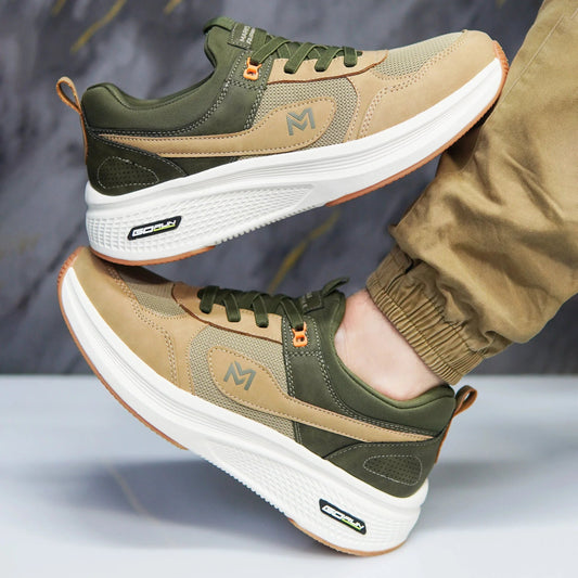 Stylish olive and beige sneakers with white soles, perfect for comfort and trendy casual wear.