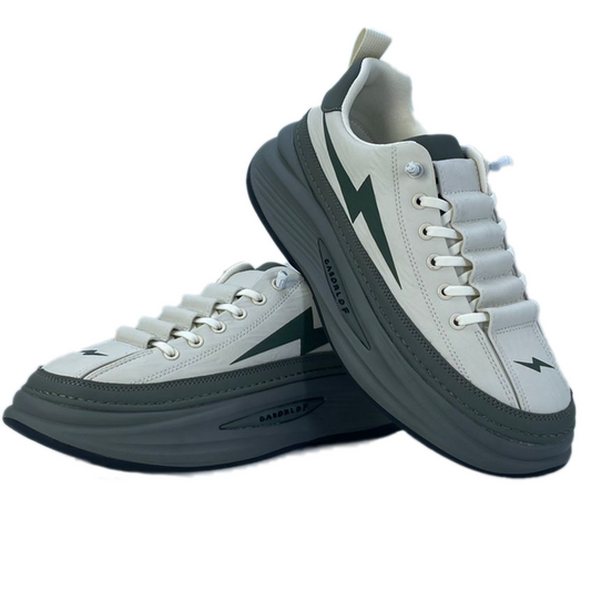 White and gray sneakers with a lightning bolt design on a white 
background. Pakistan top and trending Skechers 