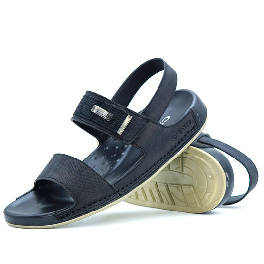 Close-up of Shoeinn CEYO black medicated soft sandals showcasing the cushioned inner sole and textured rubber outer sole for enhanced comfort