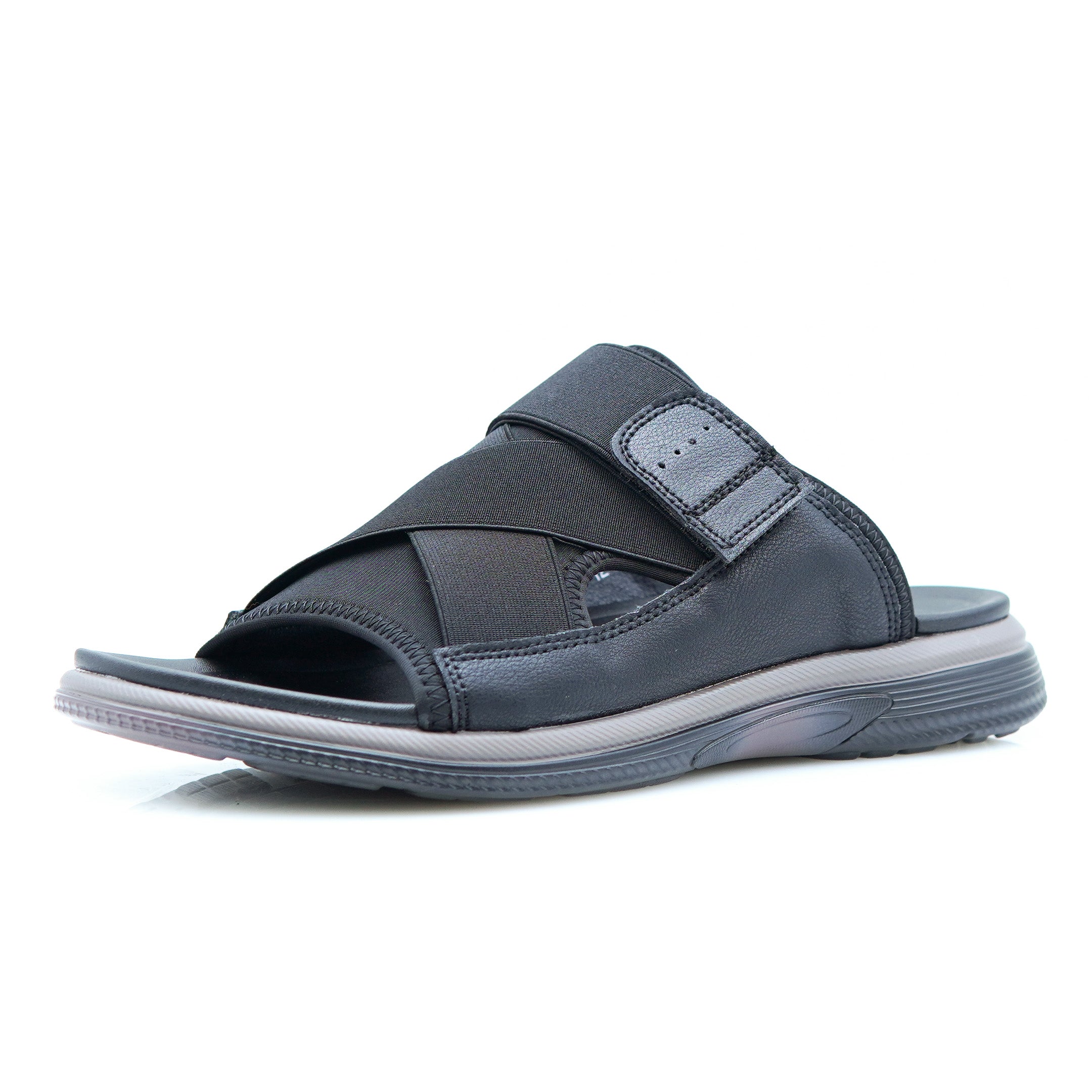 Side view of black Slippers showcasing the polished finish and durable rubber sole.